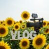 Image of a Sunflower and a video camera with the word VLOG in 3d