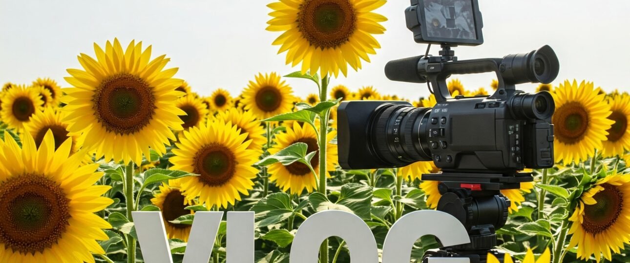 Image of a Sunflower and a video camera with the word VLOG in 3d